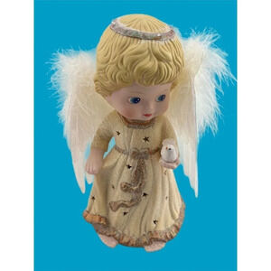 Ceramic Angel holding bird multi color light up wings 8" Sparkle Dress